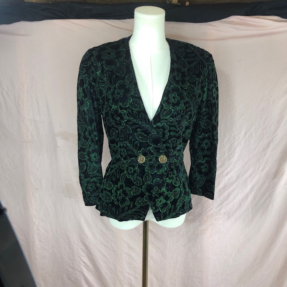 Prom Green Floral Sparkle Velvet Blazer Jacket Size Small Medium